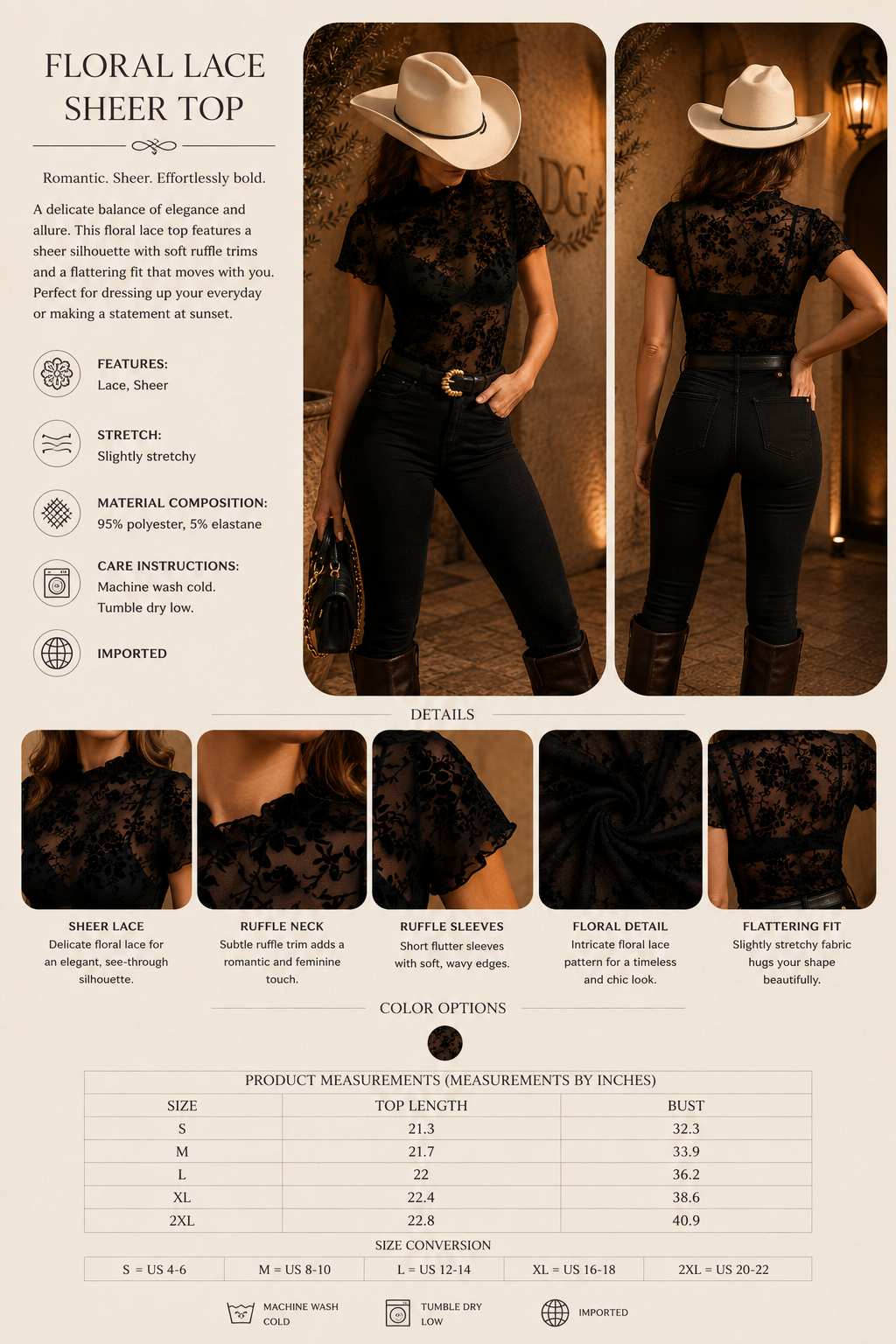 Noir Lace Top- Floral Lace Sheer Mesh Top