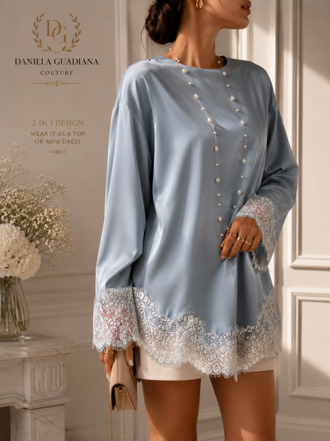 Perla Top- Lace Hem Long Sleeve Oversized Satin Top