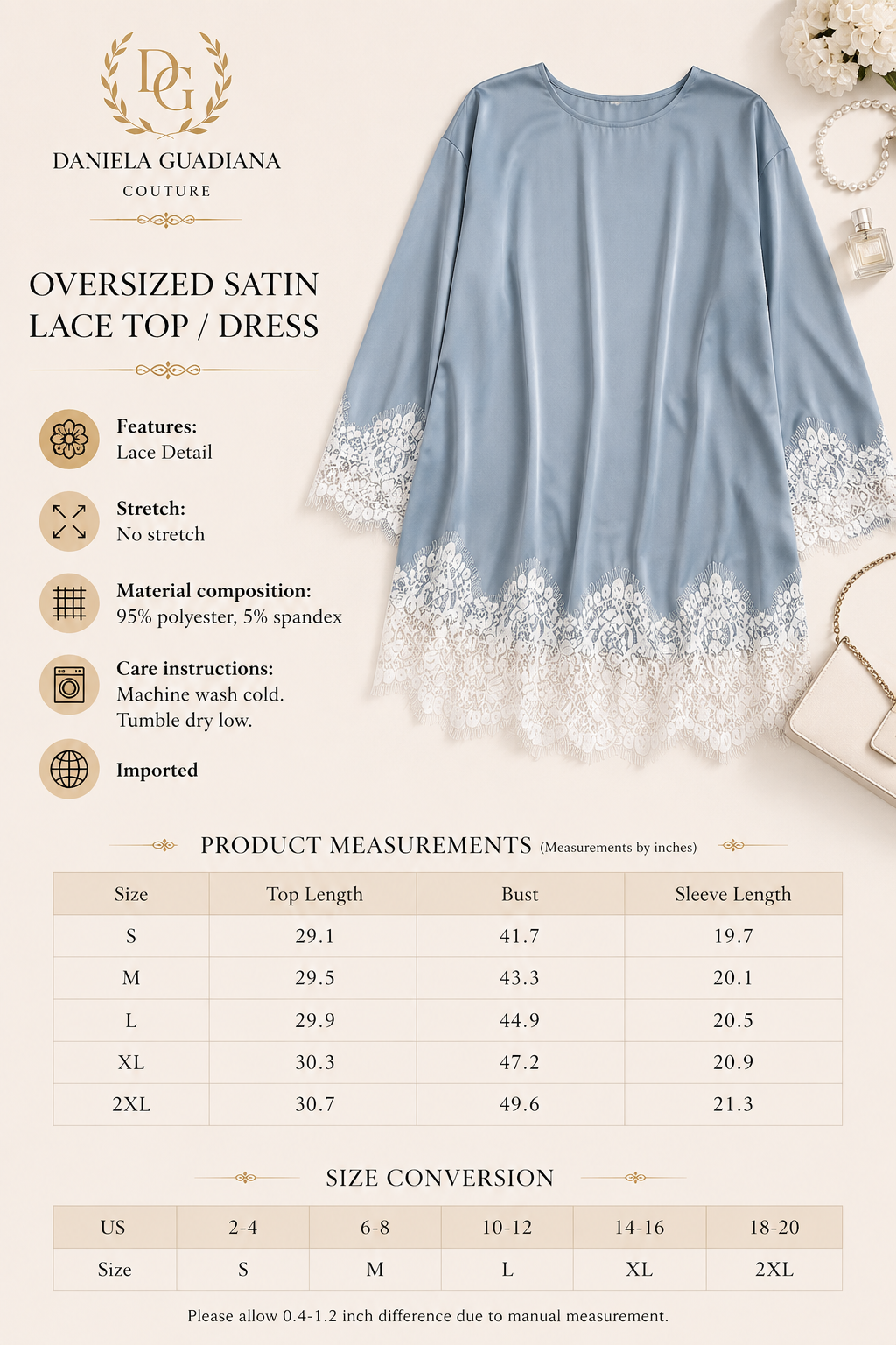 Perla Top- Lace Hem Long Sleeve Oversized Satin Top