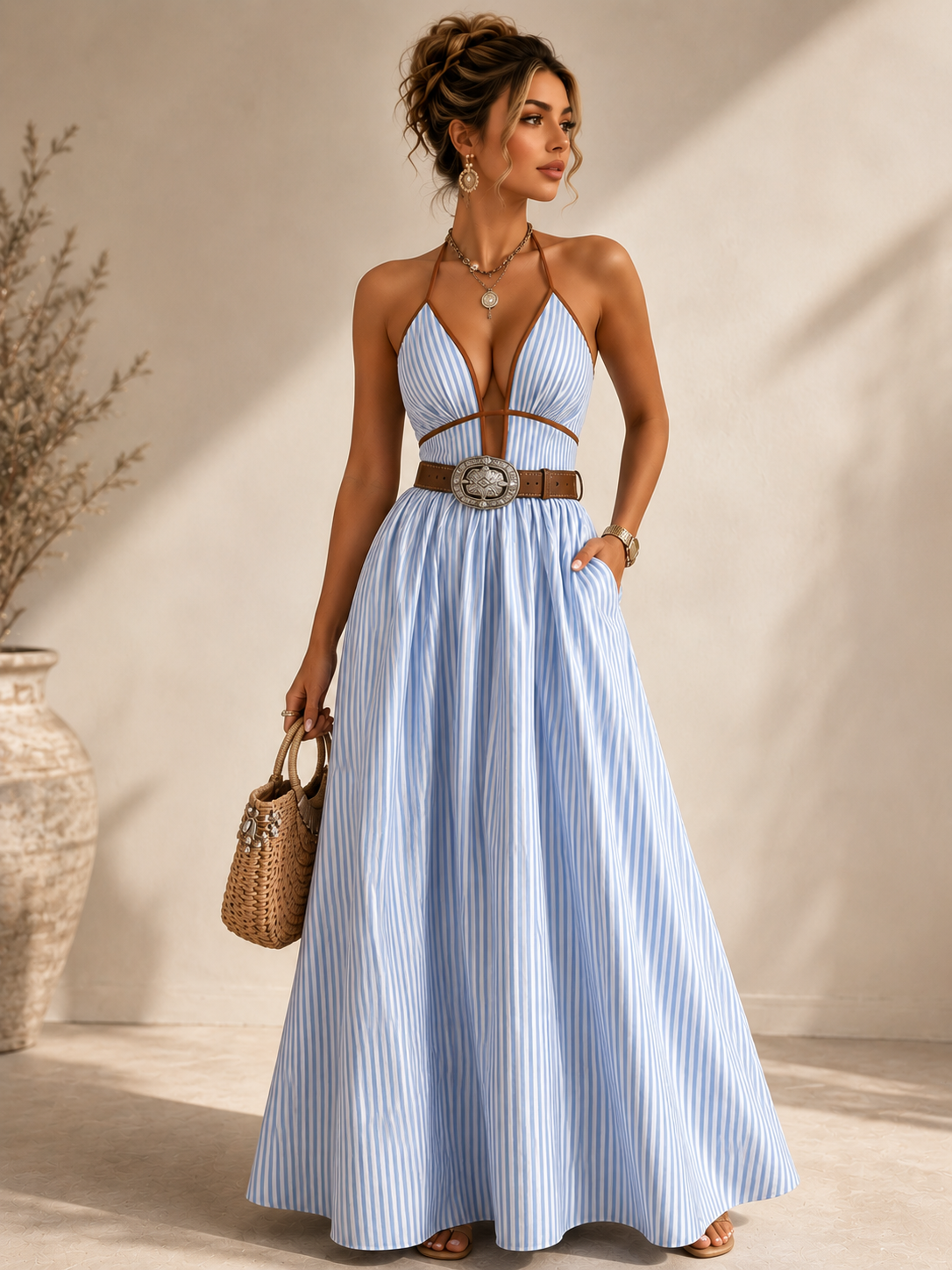 Marina Dress- Striped Halter Neck Maxi Dress