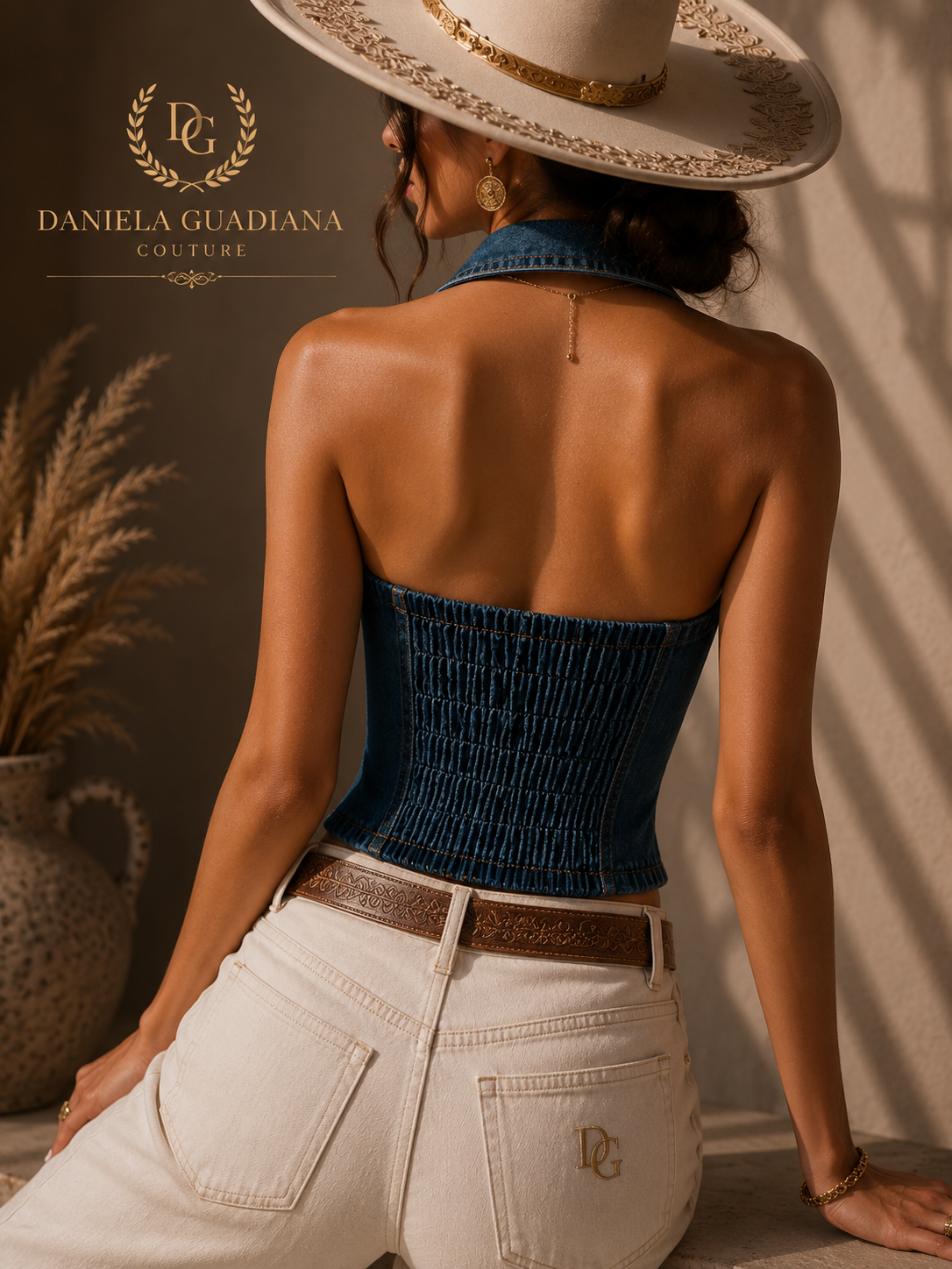 Sierra Top- Smocked Denim Halter Collar Top
