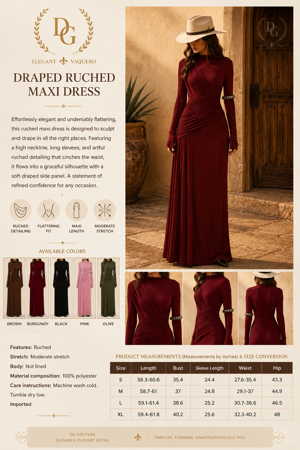 Elena Dress- Ruched Long Sleeve Maxi Dress