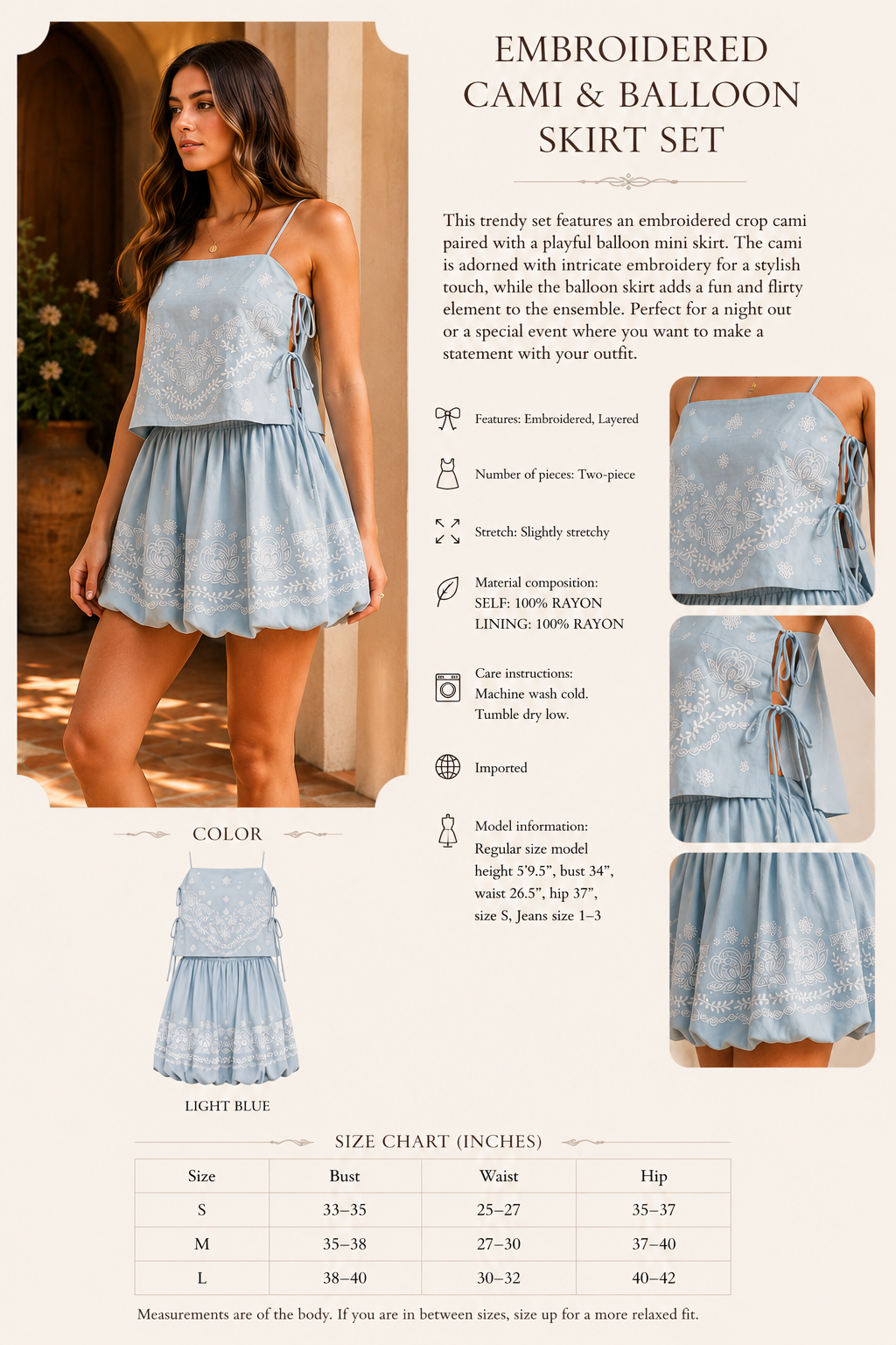 Campo Azul Set- Embroidered Crop Cami and Balloon Mini Skirt Set