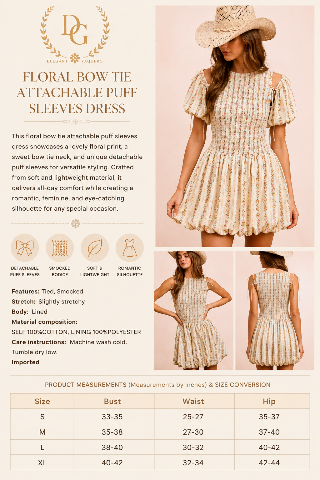 Margarita Dress- Floral Bow Tie Attachable Puff Sleeves Dress