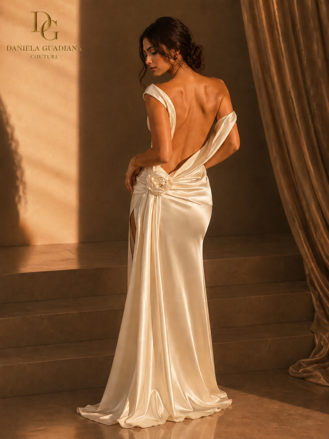 Villa Rose Gown- Satin Dignified Flowers Dress Split Dress