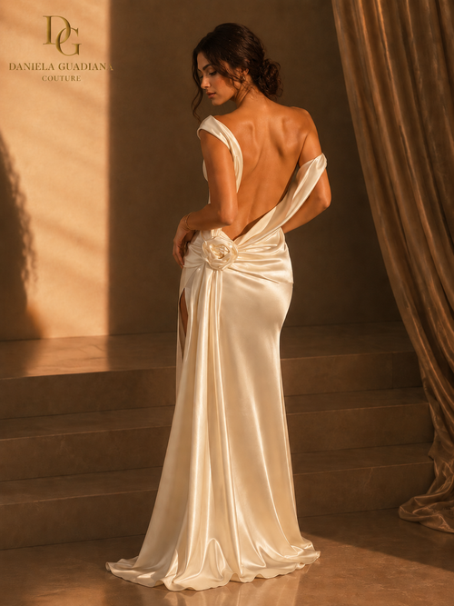 Villa Rose Gown- Satin Dignified Flowers Dress Split Dress