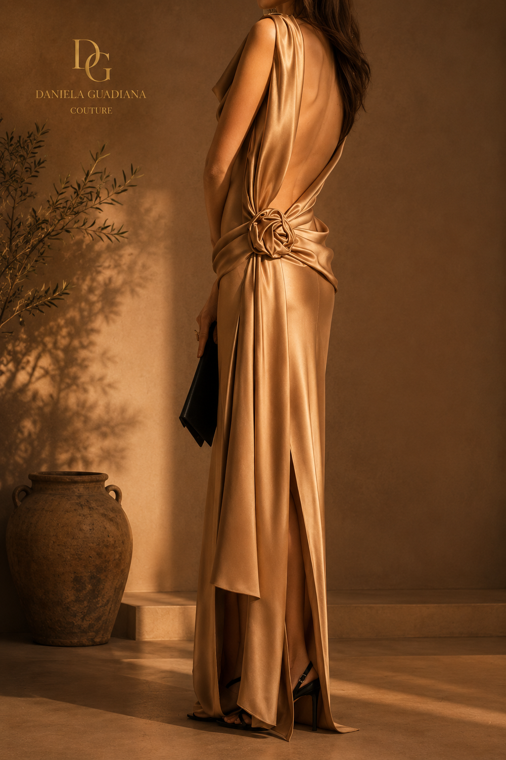 Villa Rose Gown- Satin Dignified Flowers Dress Split Dress