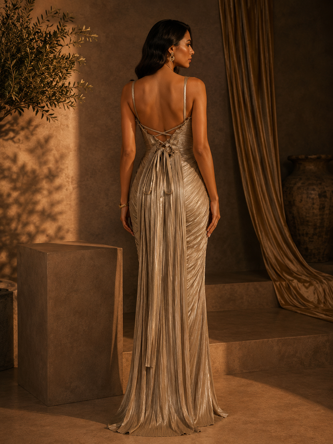La Marquesa Gown- Metallic Pleated Corset Maxi Dress