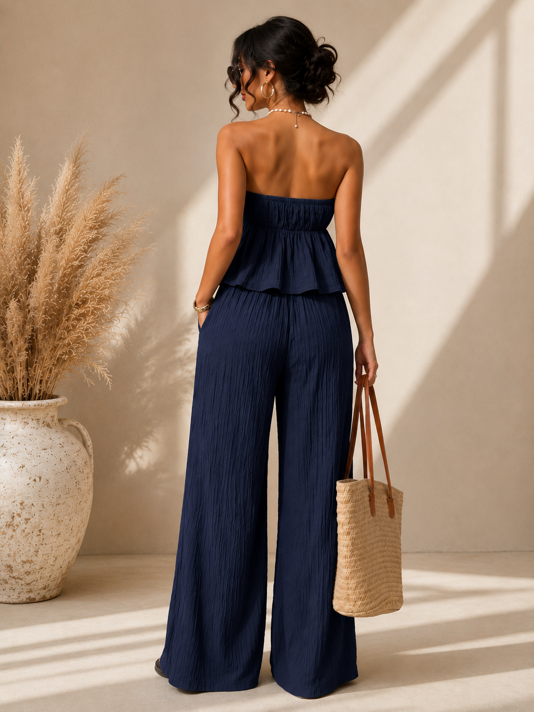 Isla Azul Set- Textured Tube Top & Wide Leg Pants Set