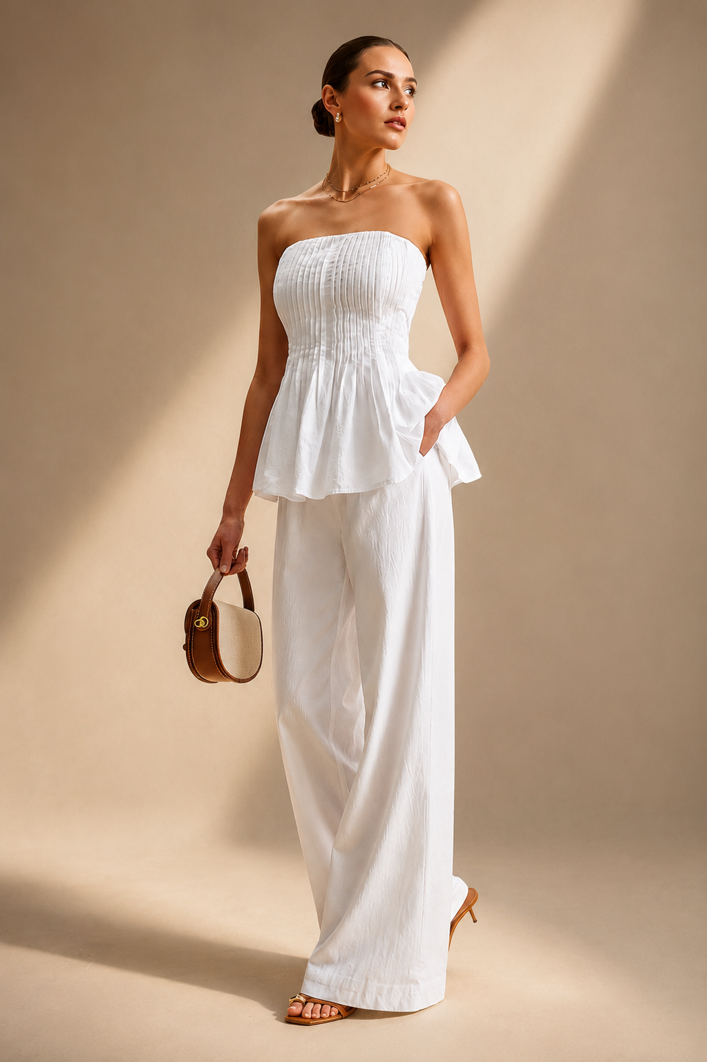 Bianca Set- Strapless Peplum Top and Wide Leg Pants Set