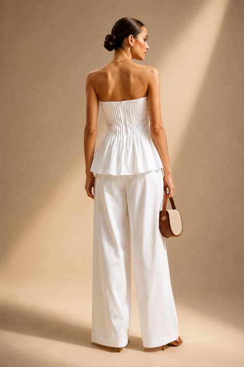 Bianca Set- Strapless Peplum Top and Wide Leg Pants Set