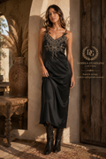 Noir Belle Dress- Mable Embroidered Cami Satin Midi Slit Dress