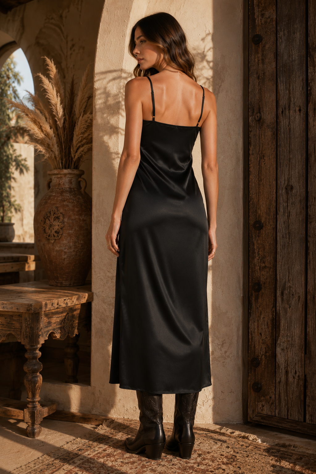 Noir Belle Dress- Mable Embroidered Cami Satin Midi Slit Dress