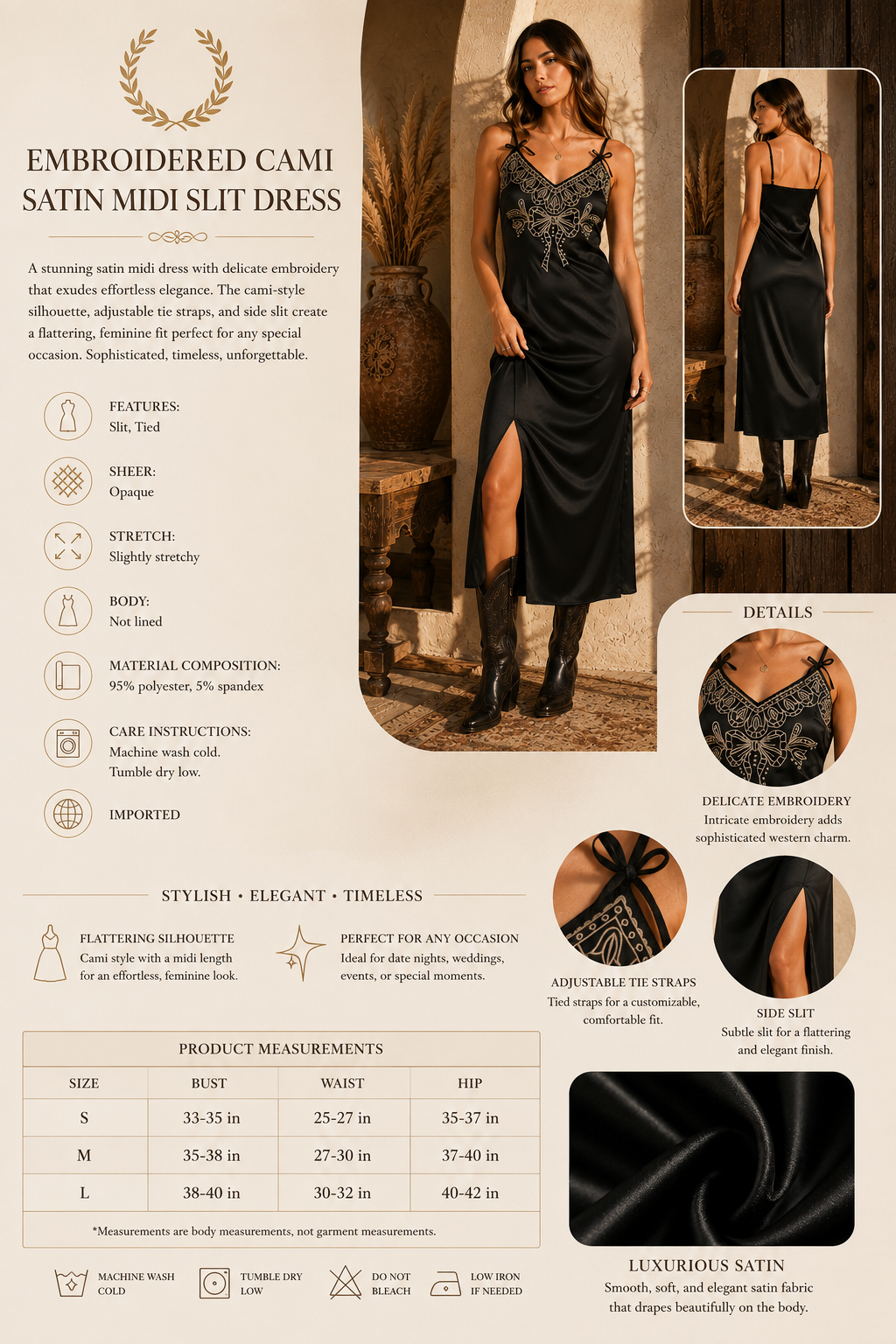 Noir Belle Dress- Mable Embroidered Cami Satin Midi Slit Dress