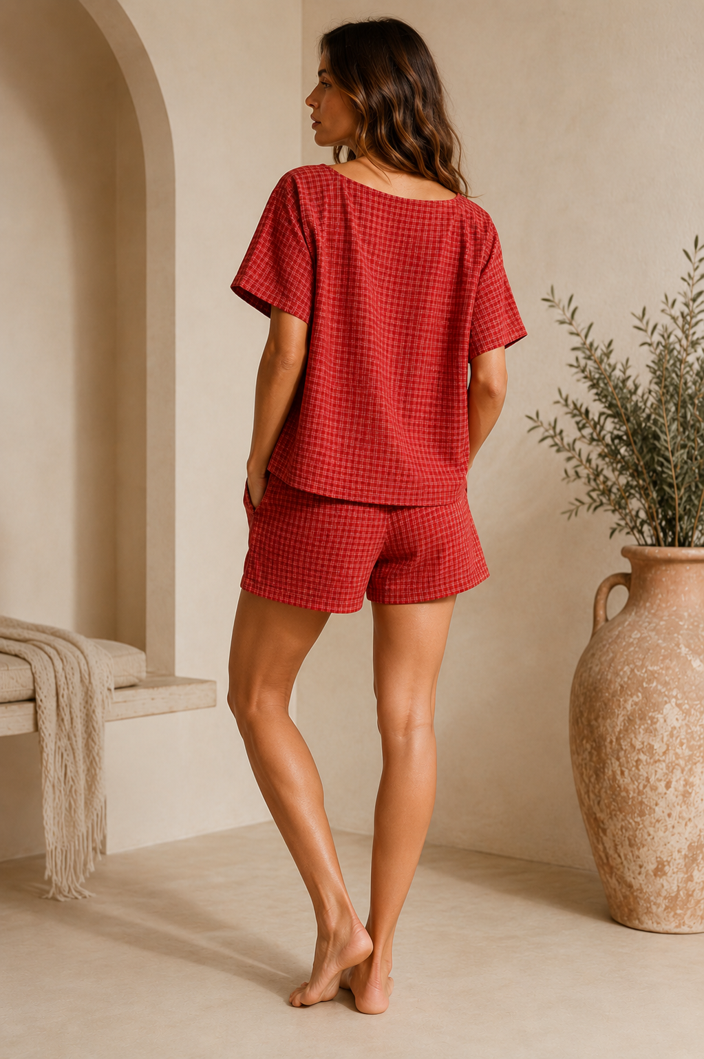 Siena Set- Plaid Tied Scoop Neck Short Sleeve Top and Drawstring Shorts Set