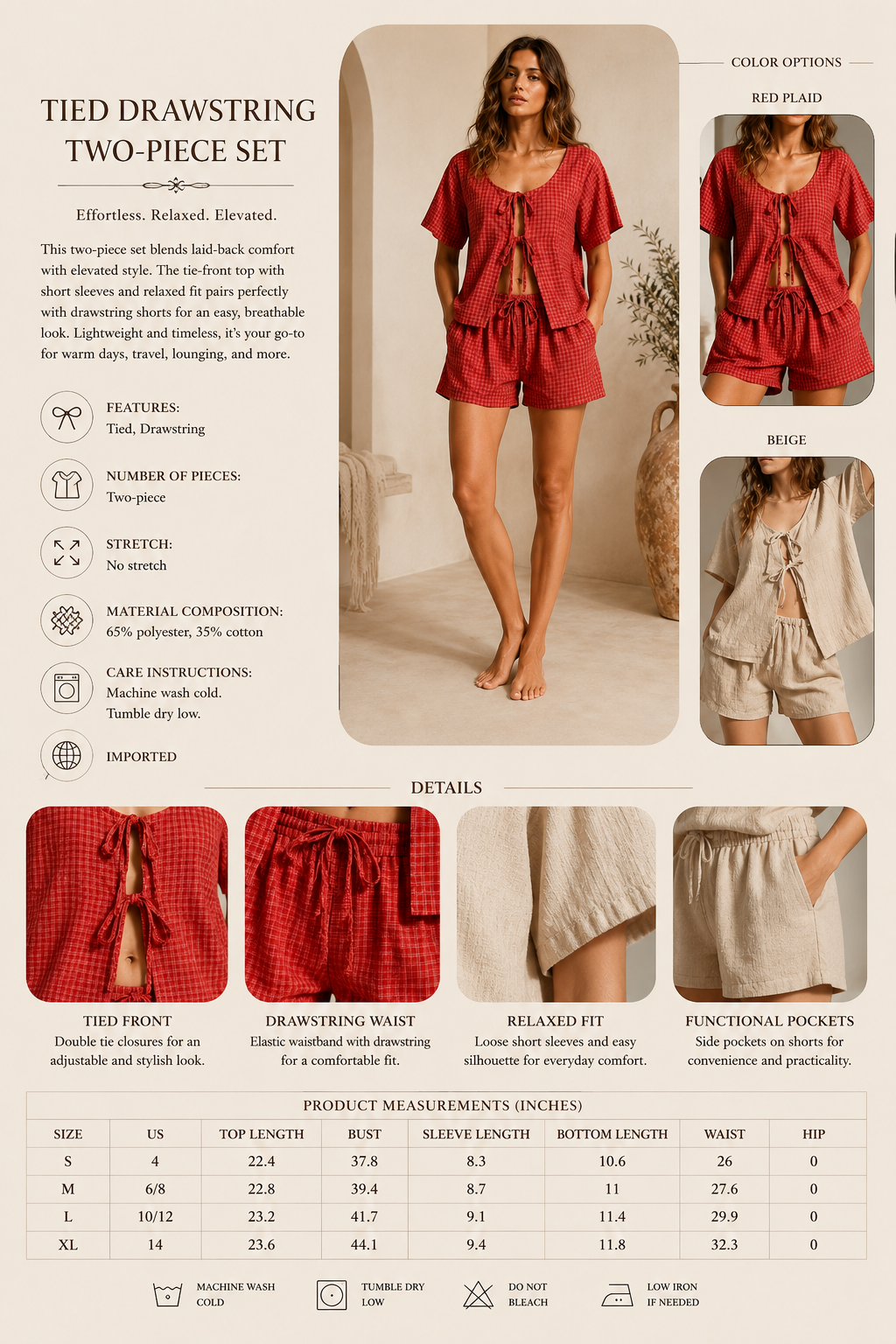 Siena Set- Plaid Tied Scoop Neck Short Sleeve Top and Drawstring Shorts Set