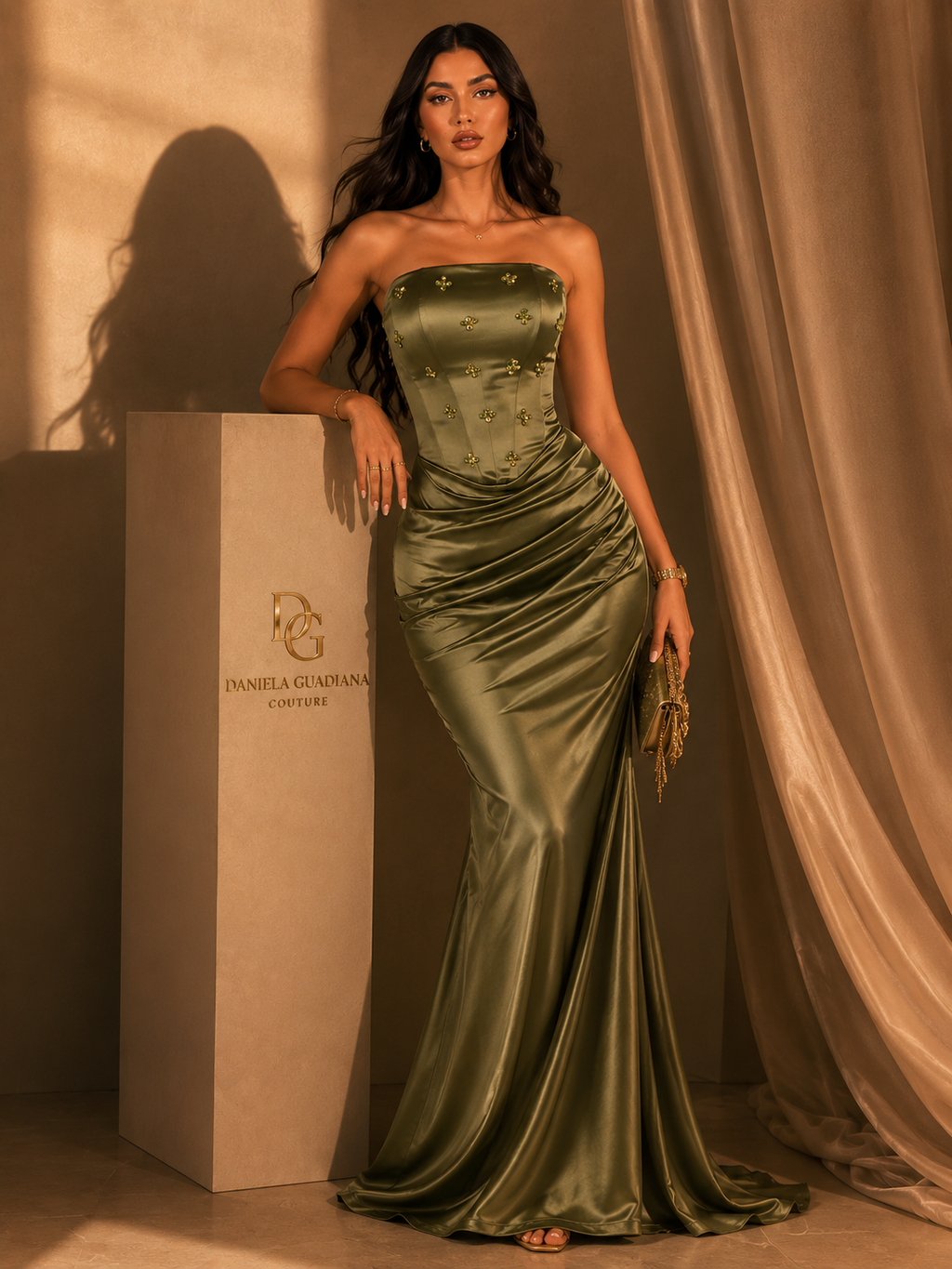 Empress Olive Gown- Strapless Rhinestone Pleated Satin Dress