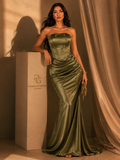 Empress Olive Gown- Strapless Rhinestone Pleated Satin Dress