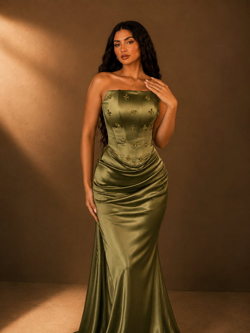 Empress Olive Gown- Strapless Rhinestone Pleated Satin Dress