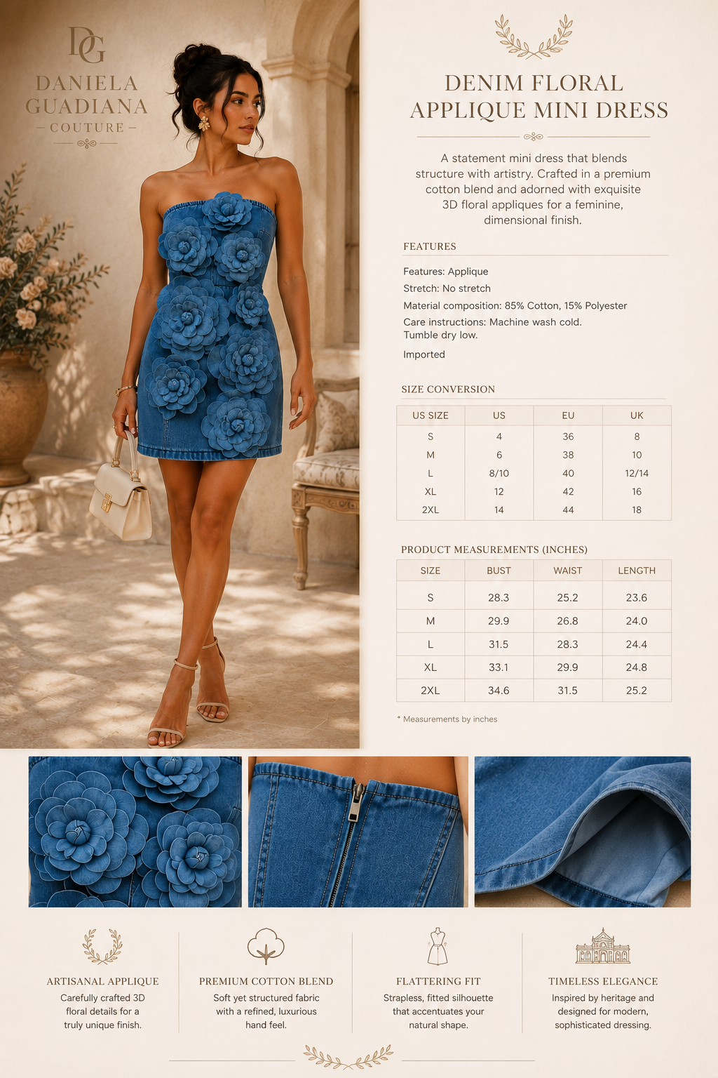 Camelia Dress- Floral Applique Strapless Denim Dress