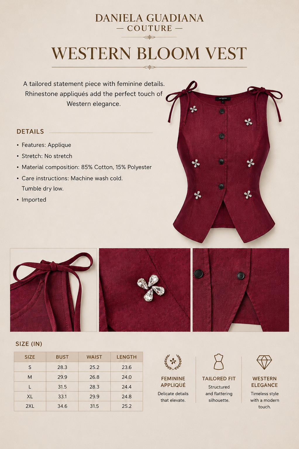 Viñedo Vest- Button-Front Floral Decor Tie Shoulder Vest