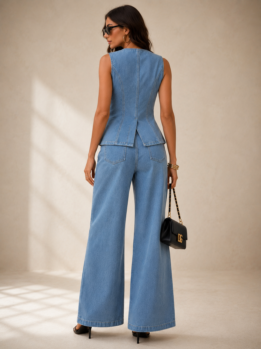 Lucía Denim Set- Sleeveless Button-Front Vest and Pants Denim Set