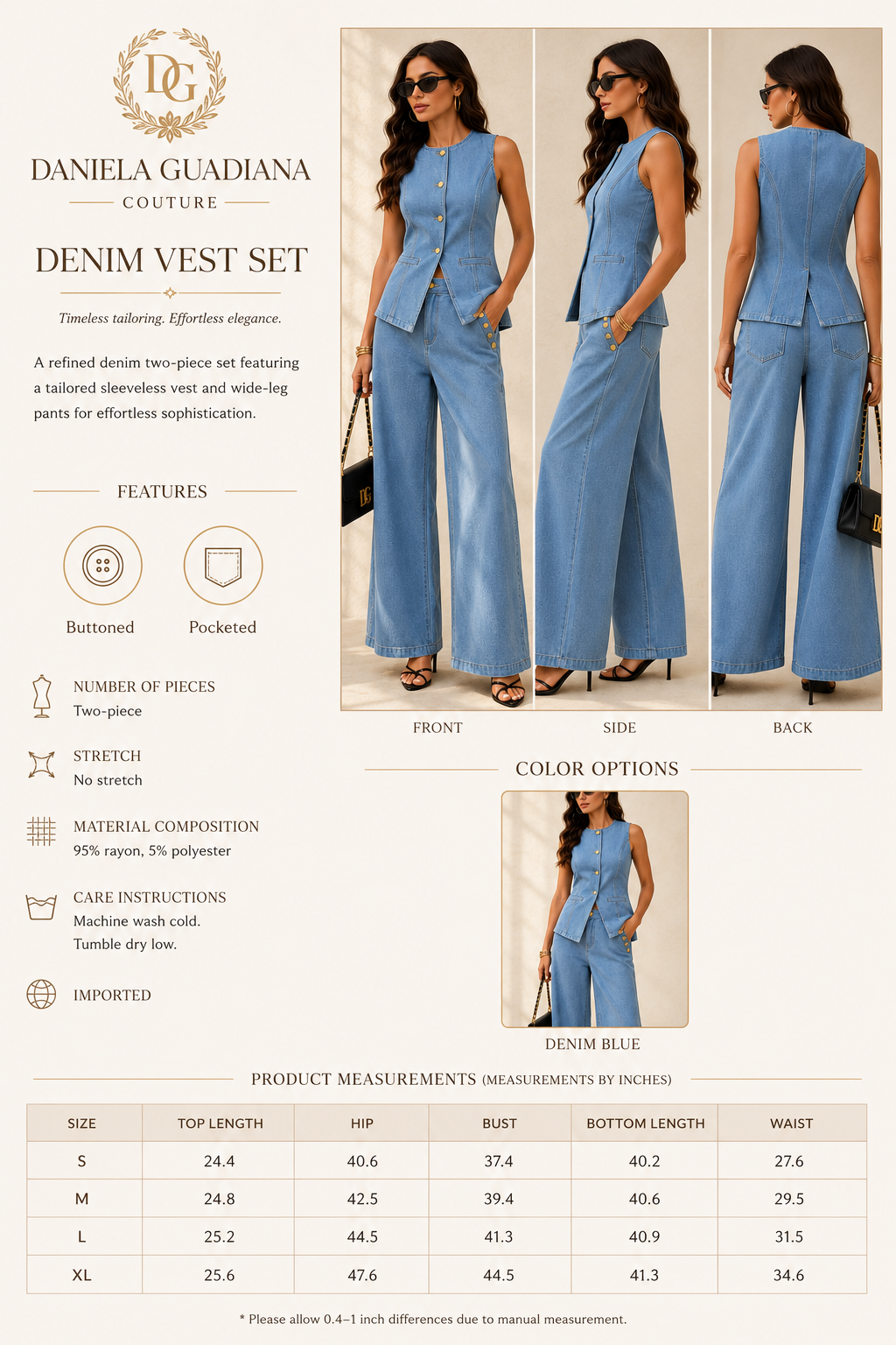 Lucía Denim Set- Sleeveless Button-Front Vest and Pants Denim Set